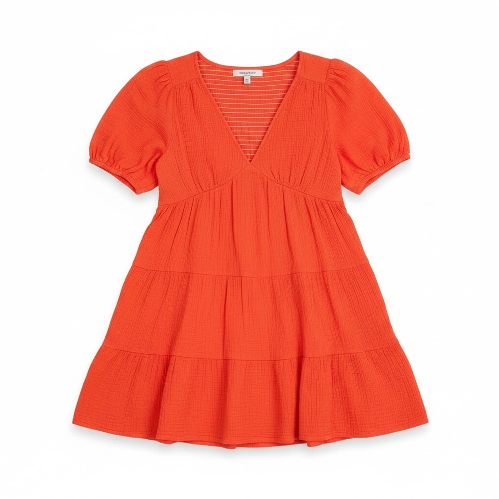 Hunter & Brown Orange Cotton Gauze Tiered Mini Dress Size Large